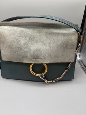Chloé Faye Med Shoulder Crossbody Greyish green Suede Leather Authentic with COA